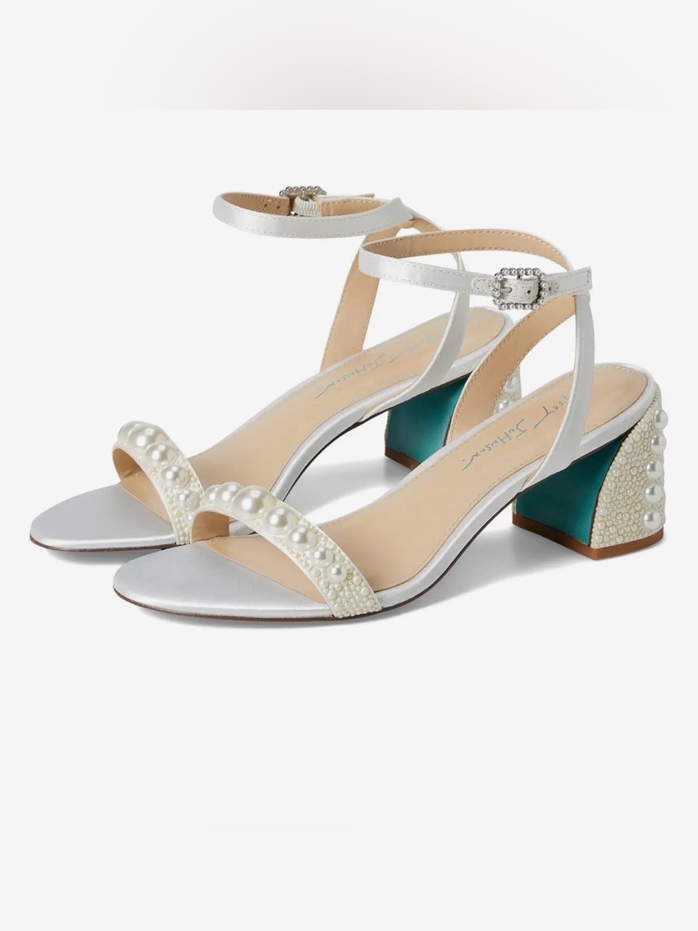 Betsy Johnson Tina Pearl-Trim White Ankle-Strap Block Heels